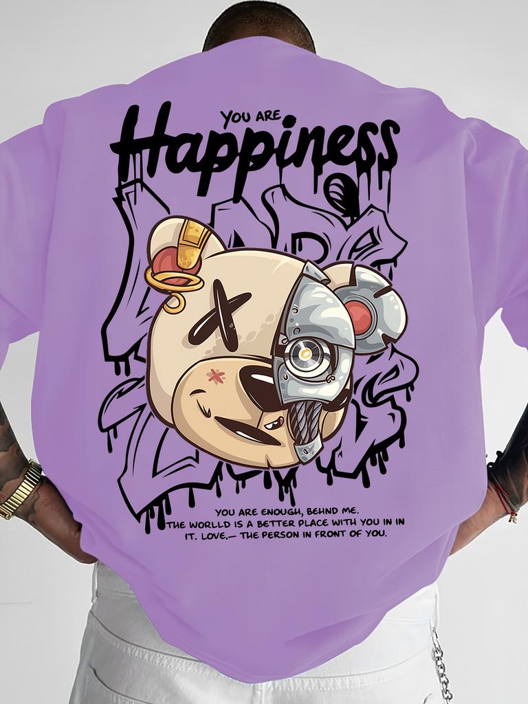 Modny męski nowy letni T-shirt z nadrukiem maszyny, misia i litery, wygodny i oddychający, z okrągłym dekoltem, do noszenia na zewnątrz, w mieście, na ulicy