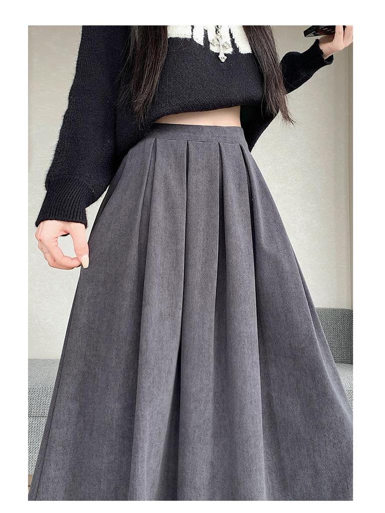 Plus Size Women's Corduroy Pleated A-Line Midi Skirt - Autumn/Winter
