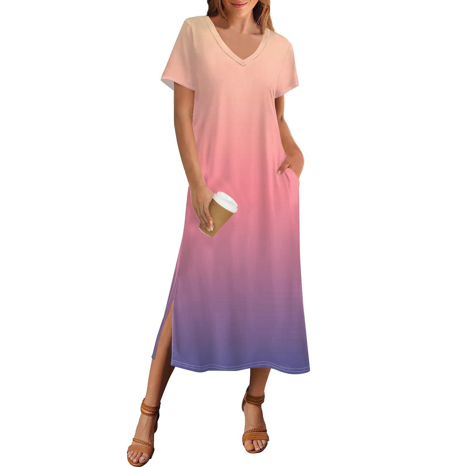 

Женское летнее платье с градиентным принтом, пляжное платье с коротким рукавом и карманом, повседневное платье с V-образным вырезом и боковыми разрезами XL