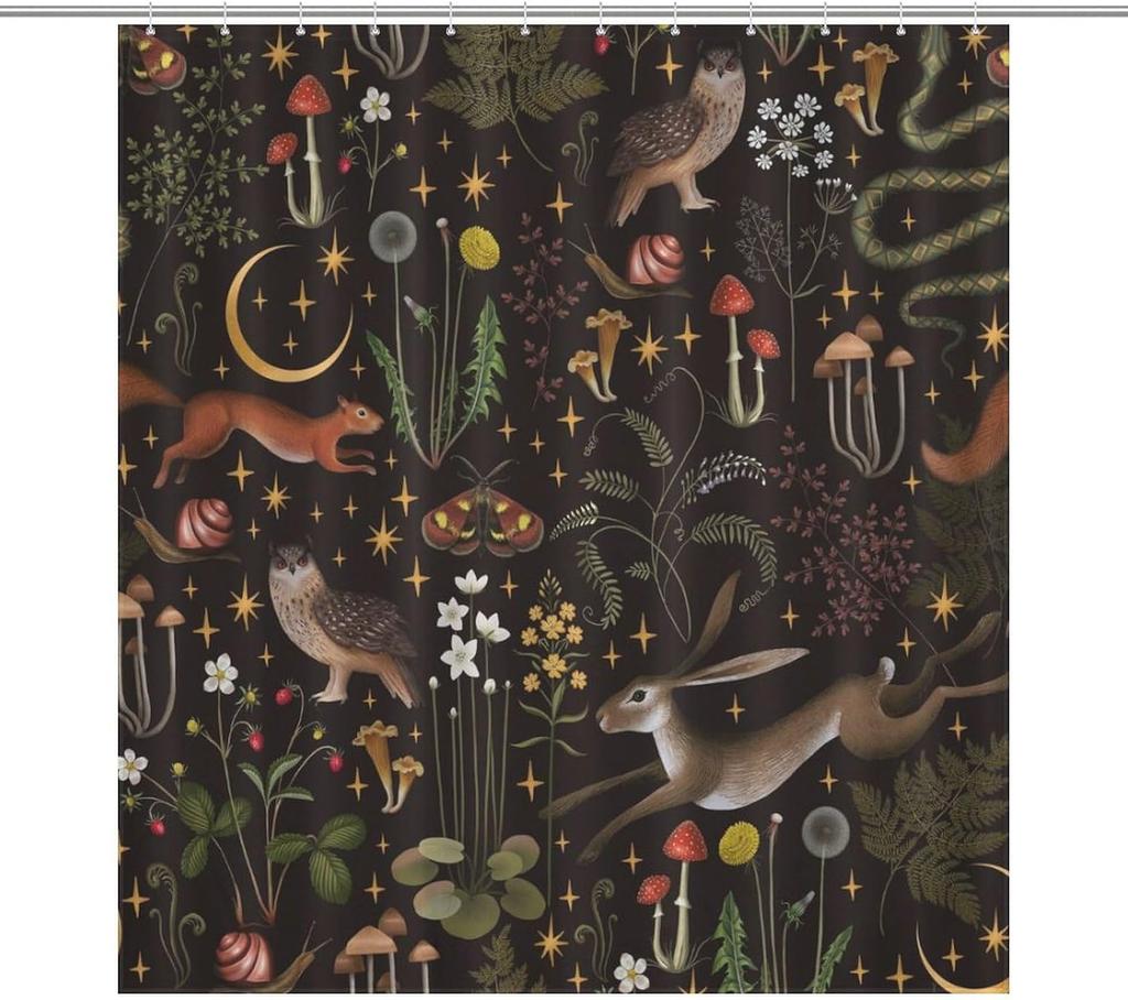 Cartoon Cute Forest Shower Curtains, Fairy Tale Mushroom Cat Flower Floral Leaf Green Pattern Decor Print Bath Drapes Set
