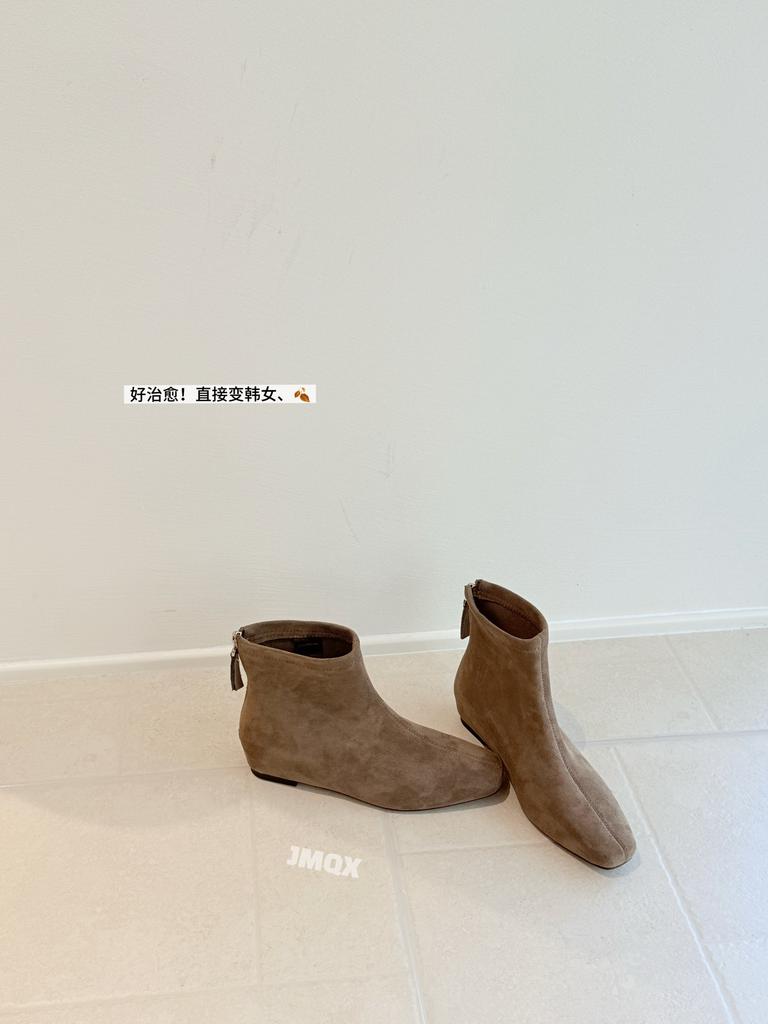 Flat Bottom Thin Boots Women's 2025 Autumn and Winter New Square Head Elastic Bare Boots Suede Martin Boots Velvet Leather Short Boots