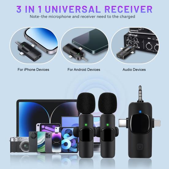 Wireless Lavalier Microphones Highly Sensitive Clear Sound Intelligent Noise Reduction Universal Wireless Clip-On Microphones Set