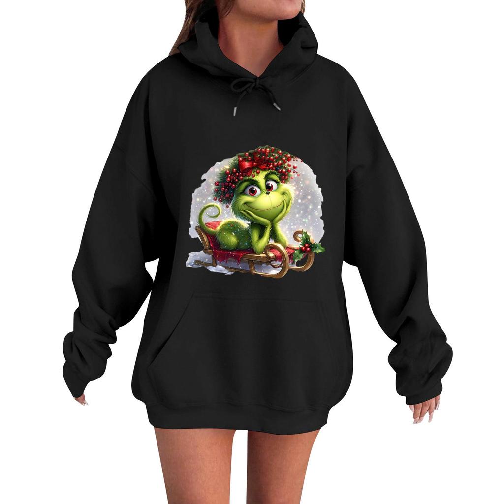 Women's Casual Comfortable Neck Hooded Long Sleeve Christmas Print Warm Sweatshirt