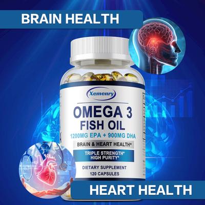 Najwyższej jakości kapsułki z olejem rybim Omega-3, bogate w EPA 1200 mg + DHA 900 mg, wspomagają zdrowie mózgu, serca i oczu oraz wzmacniają odporność.