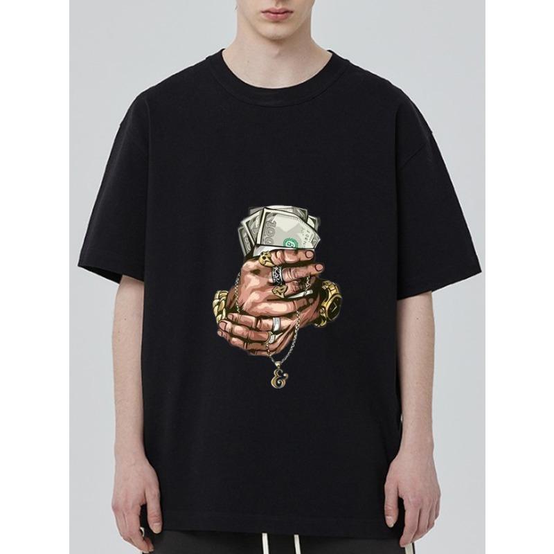 Black T Shirt with Hands Holding Money and Chain Pendant Print for Casual Streetwear Style