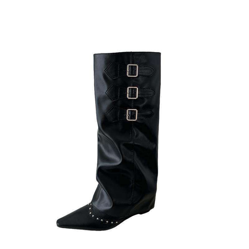 Western Cowboy Boots Pleated Pile Pile Knight Boots Punk Pointed Pants Boots Belt Buckle Boots