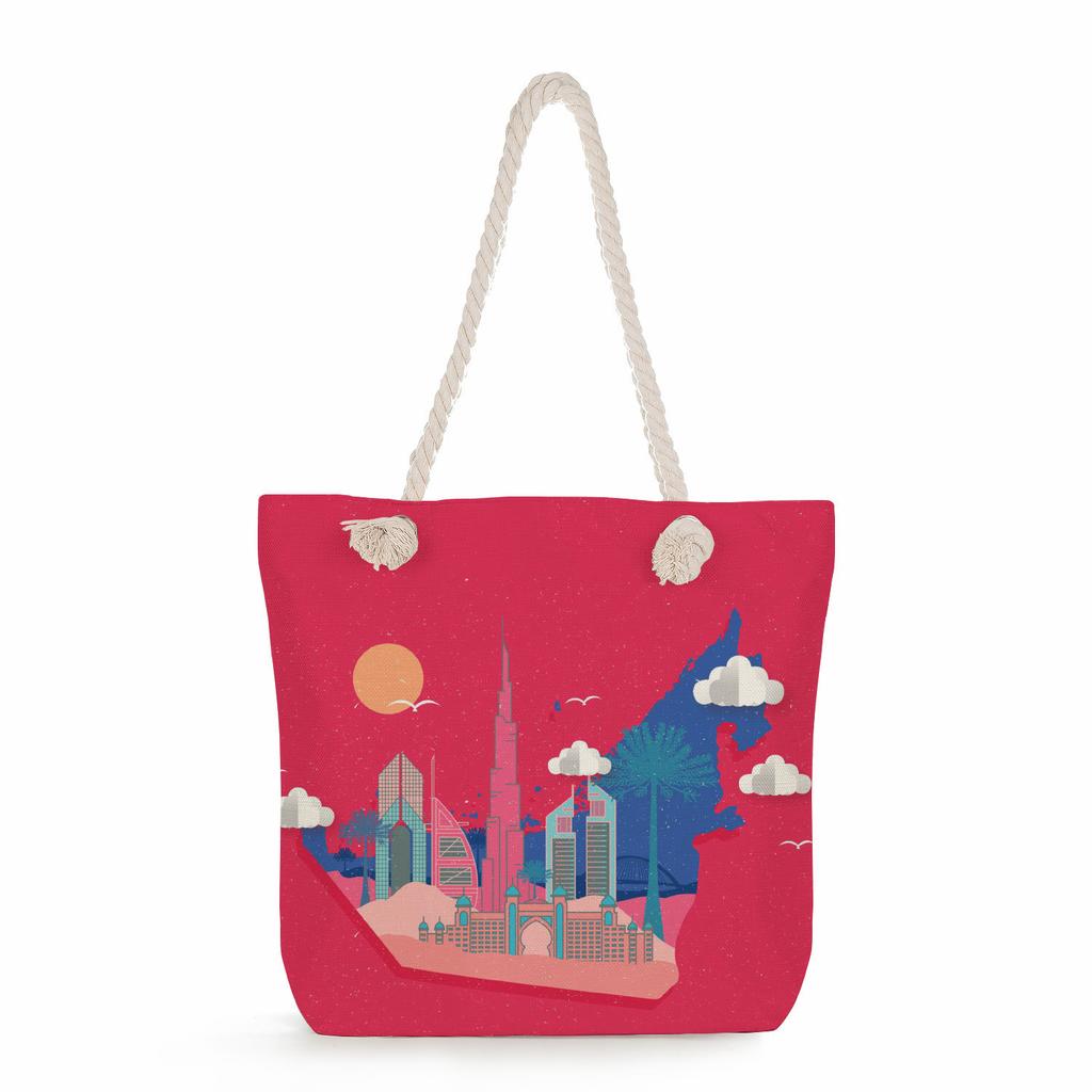 Multifunctional Dubai Architecture Printed Thick Rope Shoulder Beach Bag Casual large capacity handbag 7613