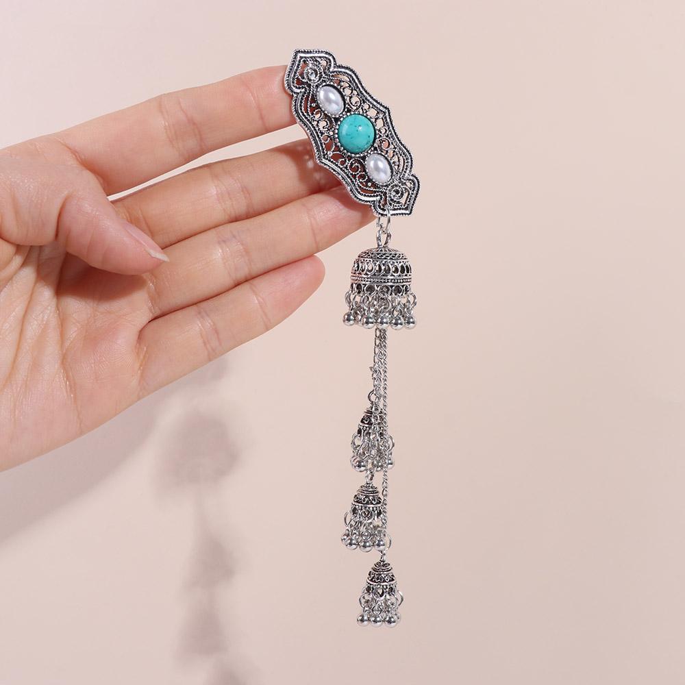 Vintage Turquoise Tassel Bell Hair Clip Elegant Crystal Ethnic Style Hairpin Side Clip Retro Chinese Style Hair Accessories