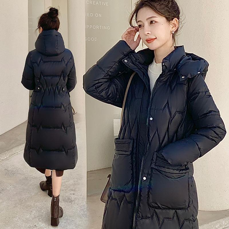 Big pocket hooded down cotton clothes cotton clothes winter new temperament removable hat medium and long knee cotton clothes