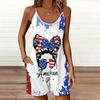 Womens Sleeveless Spaghetti Strap Romper Star Flag Print Pocket Short Jumpsuit