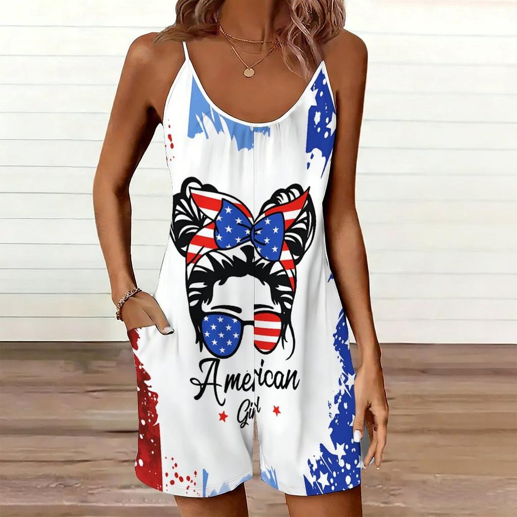 Womens Sleeveless Spaghetti Strap Romper Star Flag Print Pocket Short Jumpsuit