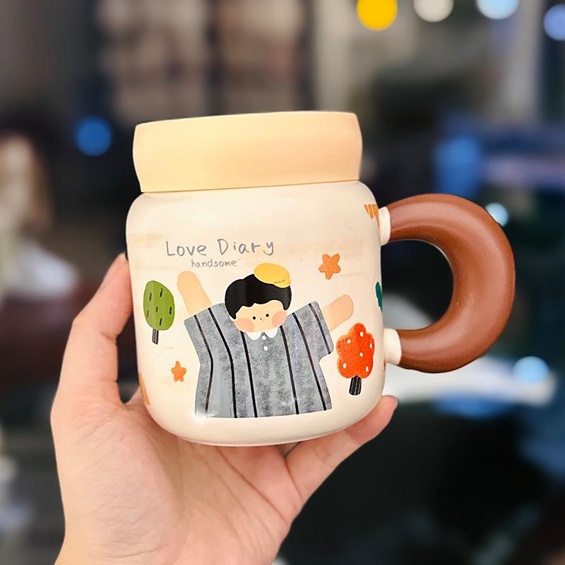 Cute Cartoon Mirror Lid Ceramic Mug High Value Couple Water Cup Home Breakfast Milk Cup Souvenir about 380ml