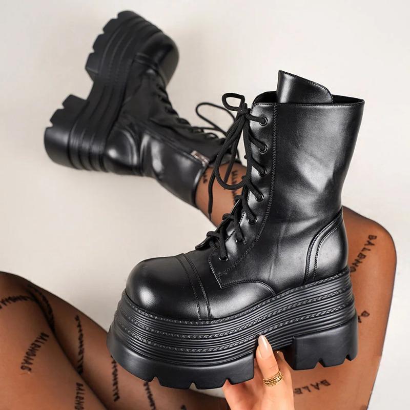 Women's Boots Punk Style Gothic Boots Fashion Mid-calf Leather Boots Women's Motorcycle Boot Height Increasing Platform Booties