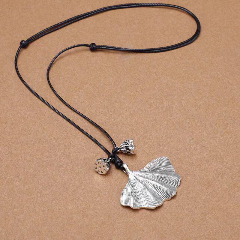 Retro Leather Rope Necklace with Wooden Alloy Pendant for Cotton and Linen Sweaters