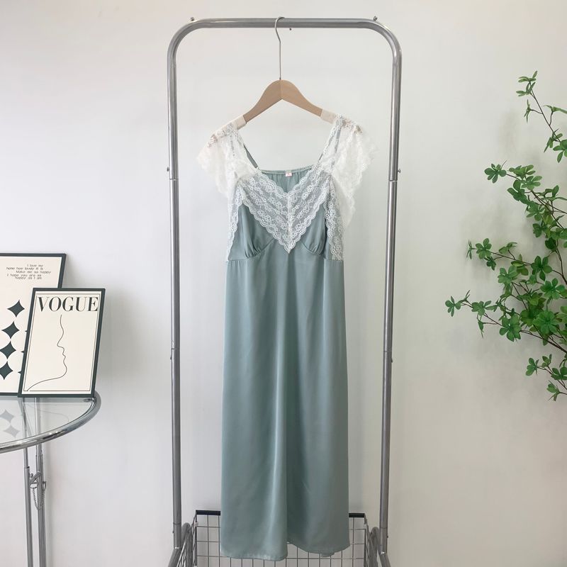 Sexy Pajamas Women's Summer Soft Ice Silk Thin Lace Mid Length Long Length Slip Nightdress Pure Desire Princess Style Home Wear