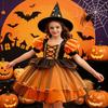 Girls Halloween Cosplay Witch Dress Puff Sleeve Pumpkin Tulle Tutu