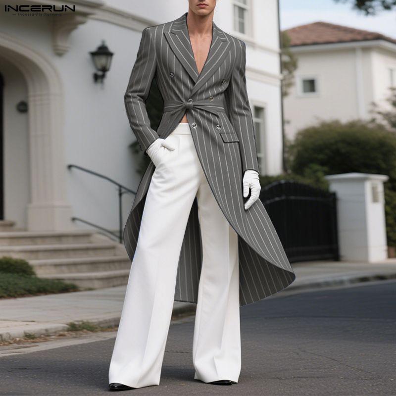INCERUN Men Notched Lapel Long Sleeve Striped Splits Irregular Layers Long Blazer Coats