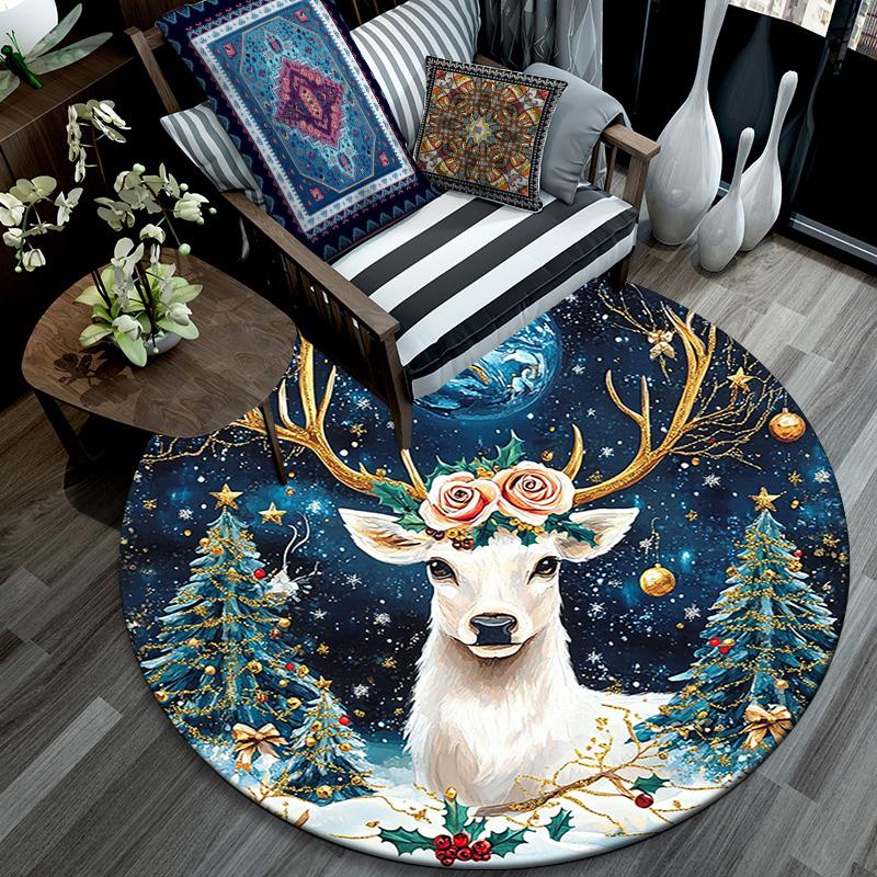 Winter Deer Round Area Rug,Carpet Rug for Living Room Bedroom Sofa Playroom Decor,Non-slip Floor Mat