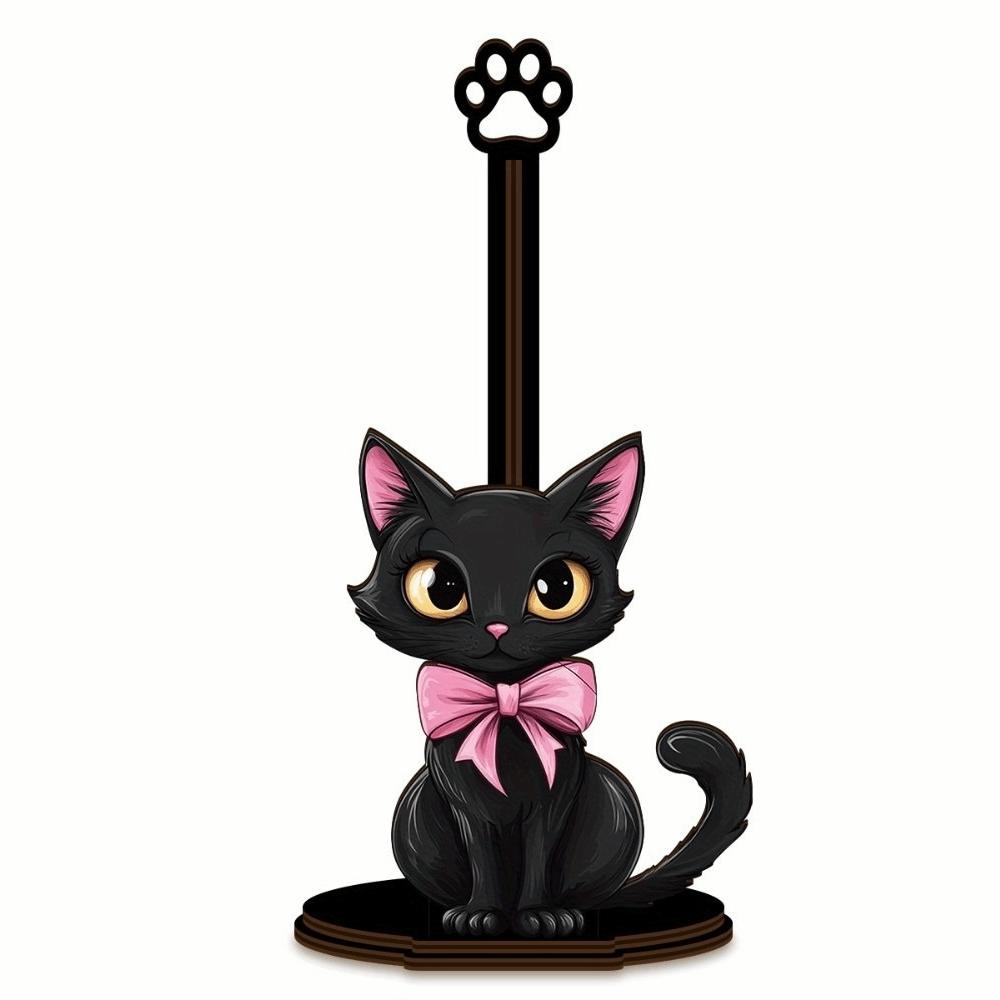 Cute Bow Kitty Kitchen Towel Rack Wooden Base Food Wrap Storage Rack  For Kitchen Style 2