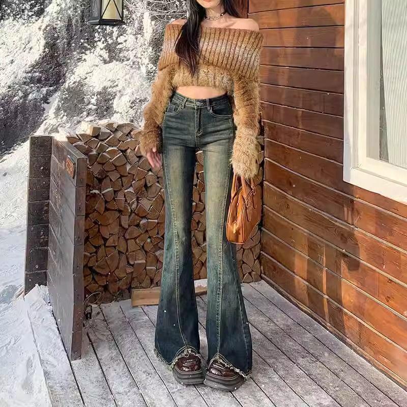 Women s Plus Size High Waist Micro-Flare Jeans, Spring 2025 – Slimming, Elastic, Retro Frayed Slit Design. XL