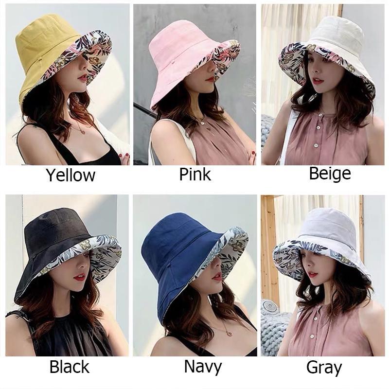 Wide Brim Cotton Summer Hat Women Packable Reversible Floral Bucket Hat UV Sun Protection Wide Brim Summer Beach Cap Double Sided Floppy Sun Hats