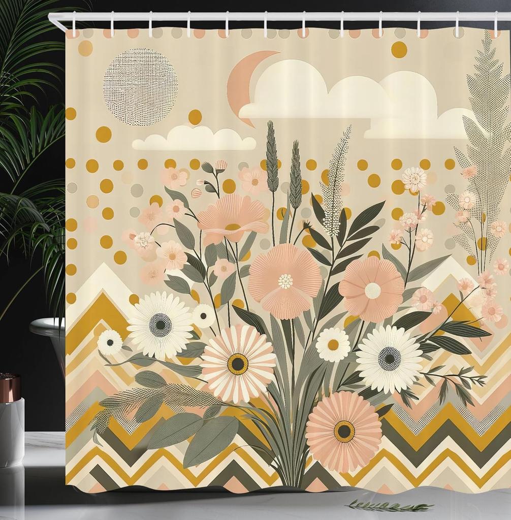 Modern Geometric Floral Waterproof Shower Curtain -Bold Abstract Shapes &Vibrant Flowers for Stylish,Contemporary Bathroom Decor