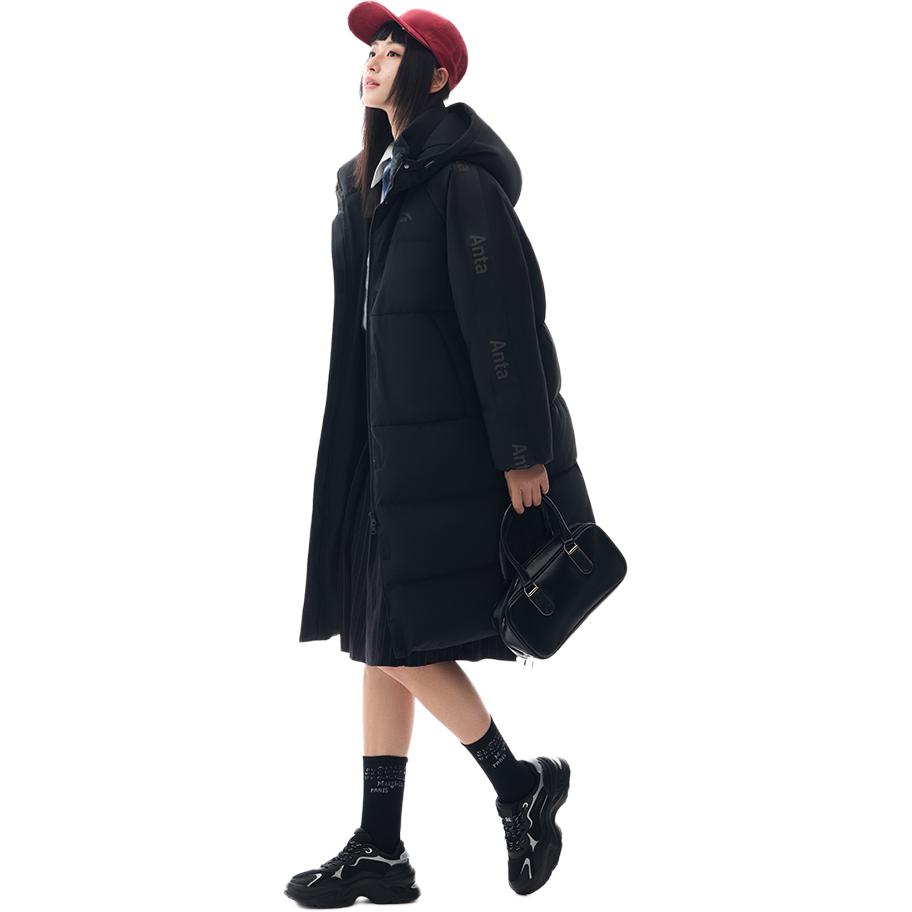 Anta Letter Zipper Hooded Comfortable Breathable Versatile Casual Long Down Jacket Women outerwear Basic-Black 962448902-4