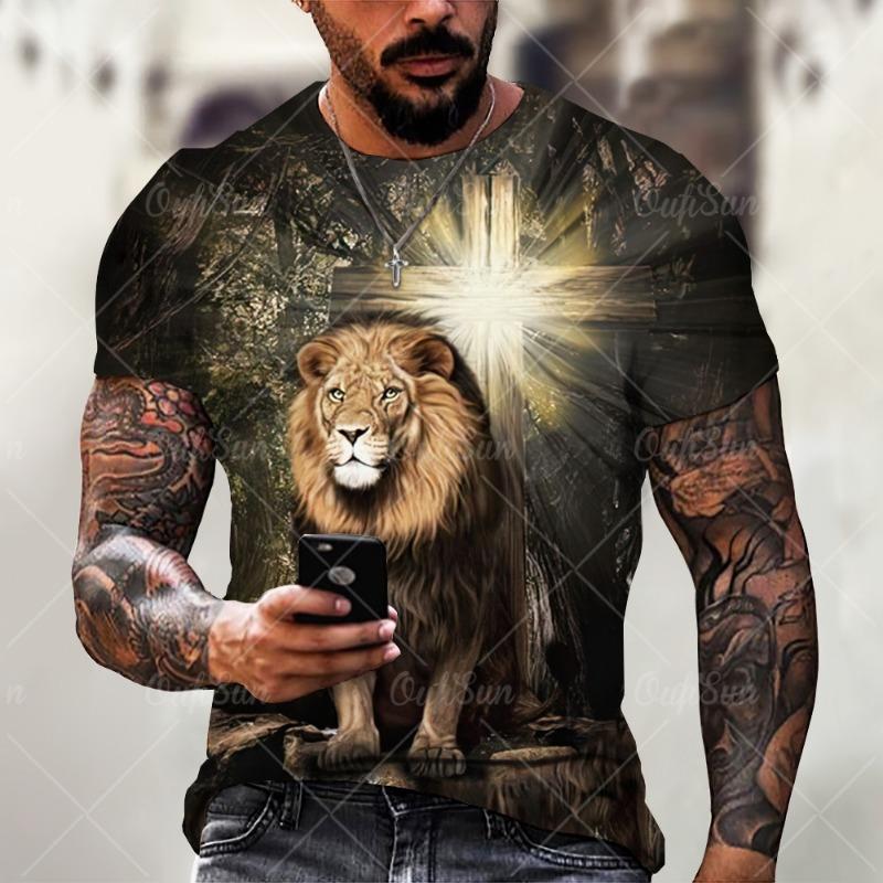 Christ Jesus T-Shirts for Men 3D Lion Printed T-Shirt Summer Clothes Short Sleeve Streetwear Vintage