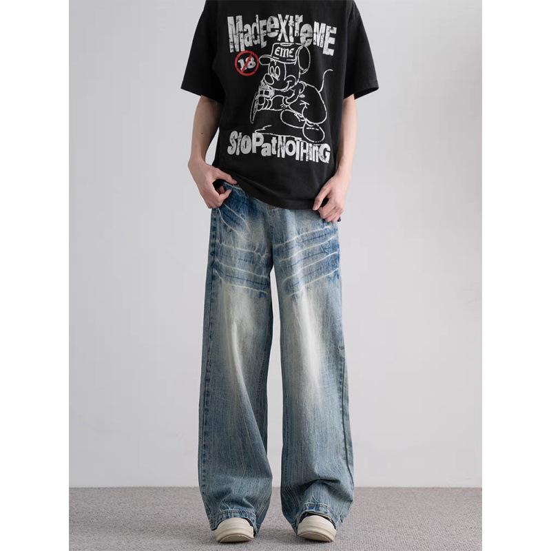 

Джинсы JYL мужские широкие с принтом молнии американский хай-стрит винтажные стираные джинсовые S византийский