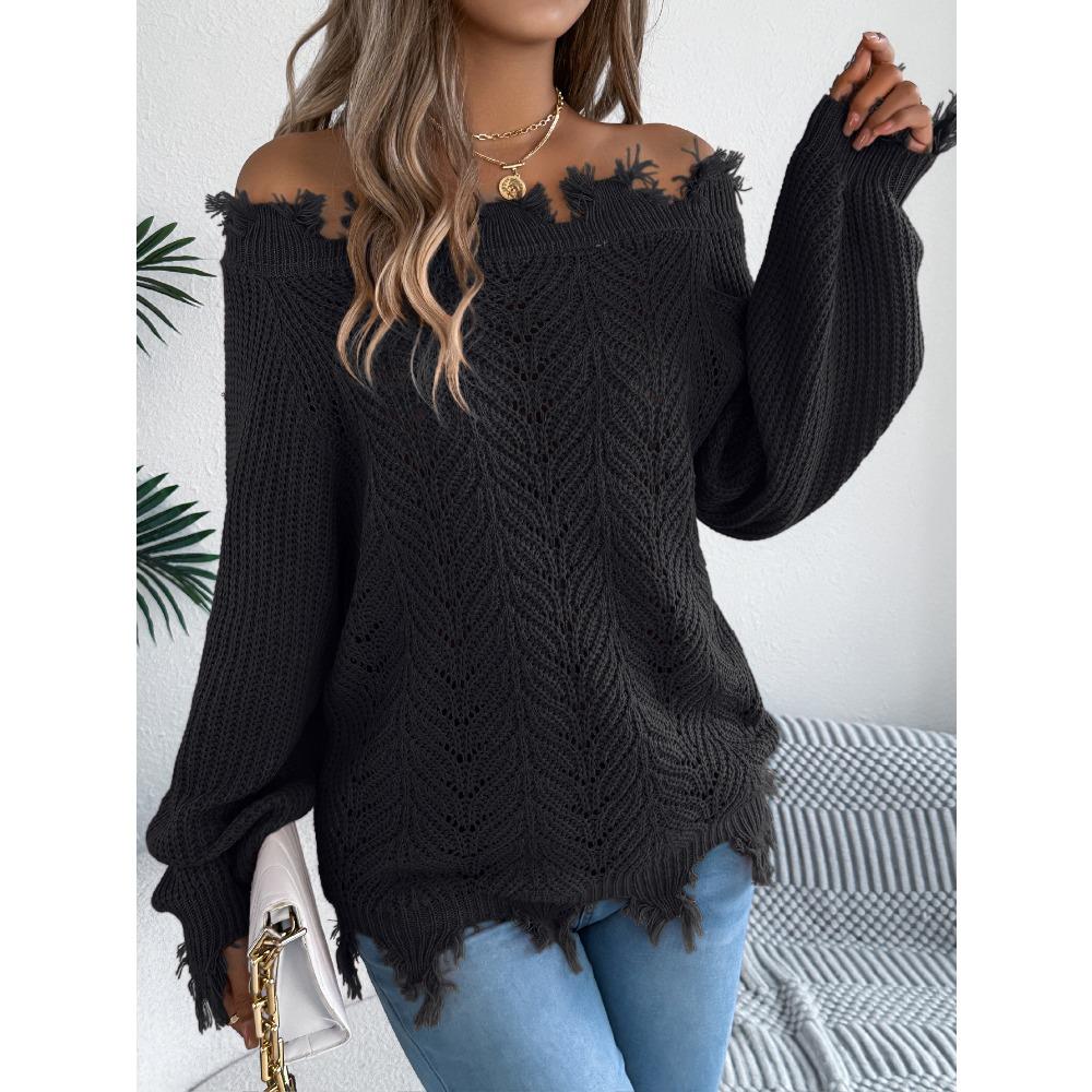 Women's Knitted Sweater for Autumn/Winter Solid Colour Lace-Up Long Sleeves Ragged Hem Off-Shoulder Pullover Loose-Fit Top