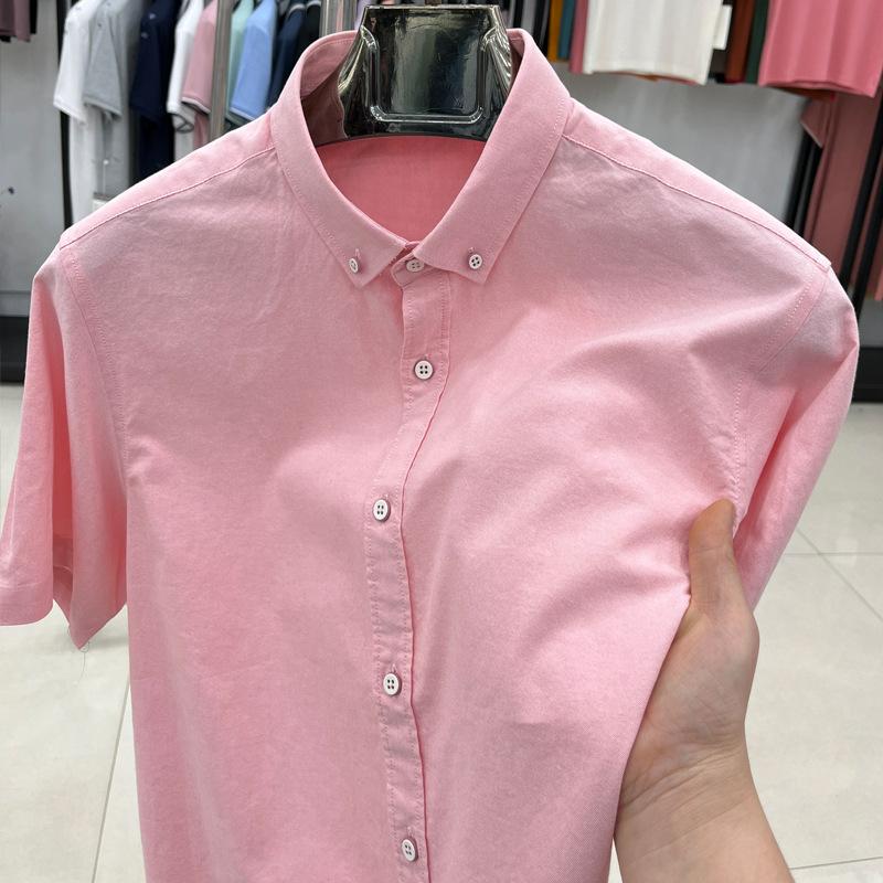 

Новая летняя однотонная повседневная мужская рубашка, тонкая дышащая хлопковая рубашка с лацканами в деловом стиле для мужчин 4XL розовый