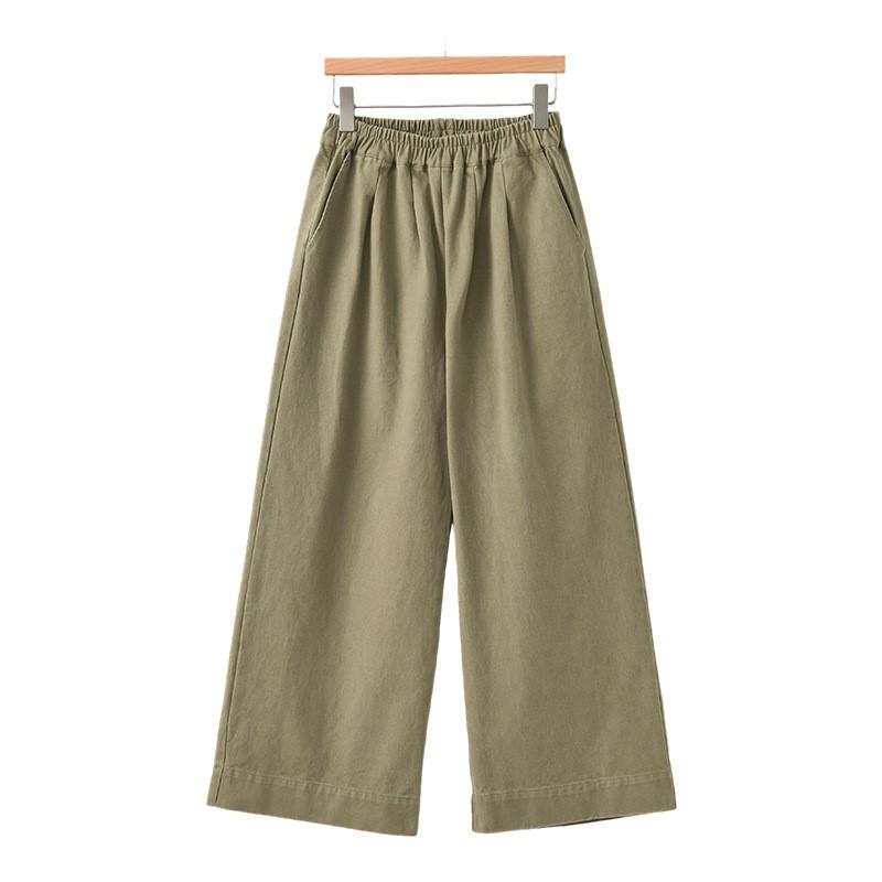 Johnature Women Vintage Straight Pants Solid Color Elastic Waist Trousers Autumn Pockets Soft Long Pants