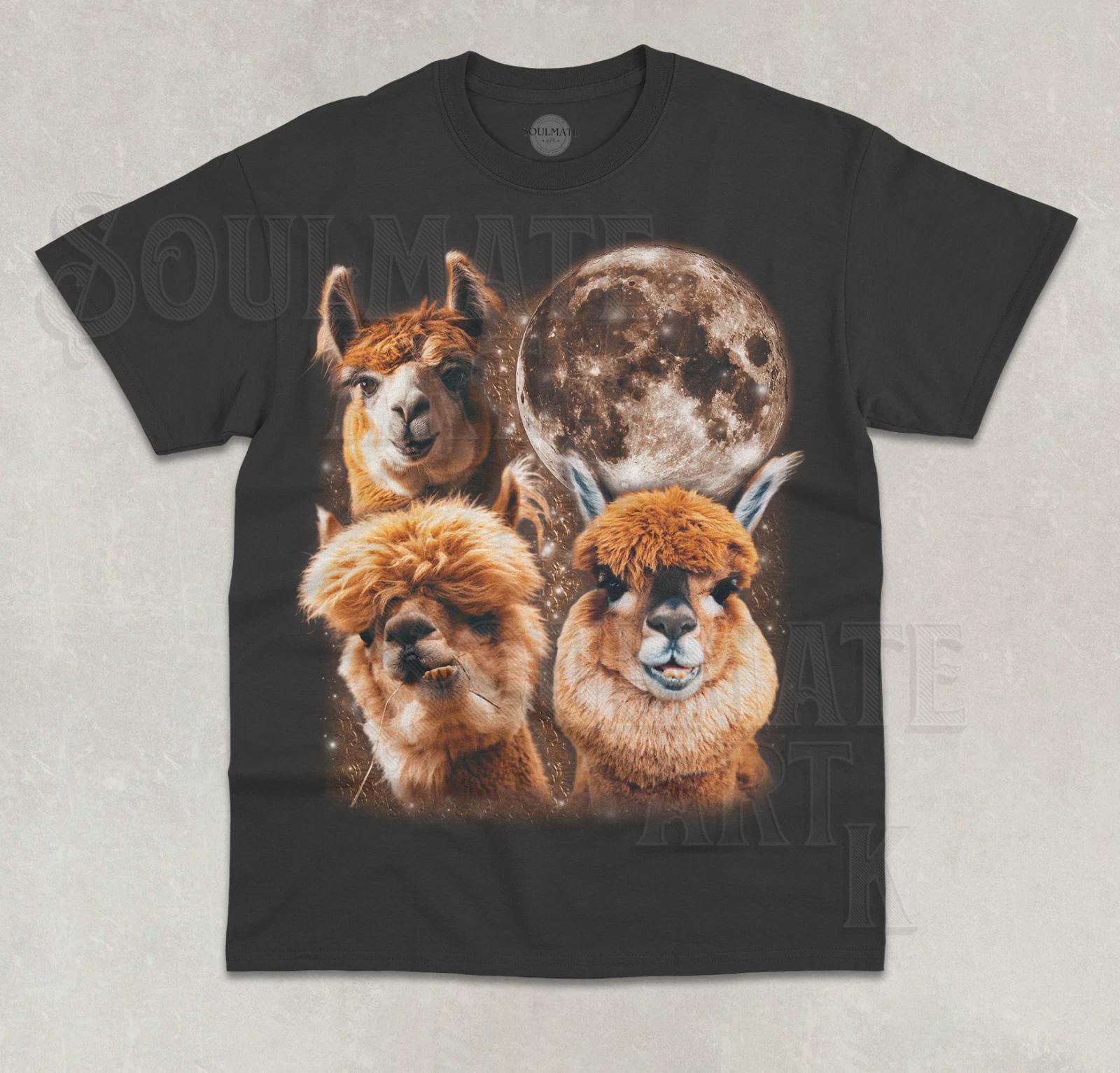 Three Alpacas Moon T-Shirt Three Llama Funny Meme Graphic Weird Unisex Shirt XL