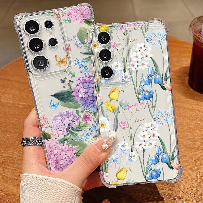 Retro Flowers Patterned Phone Case For Samsung Galaxy S26 S25 S24 S23 Ultra S22 Plus S21 S24 S25 FE Clear Shockproof Soft Cover