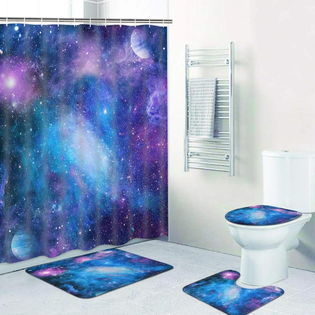 Tenda Doccia Galassia Viola Set Tappetino Antiscivolo Copri Sedile WC Tappetino Bagno Spazio Stellato Tenda Doccia Nebulosa Universo Set Bagno