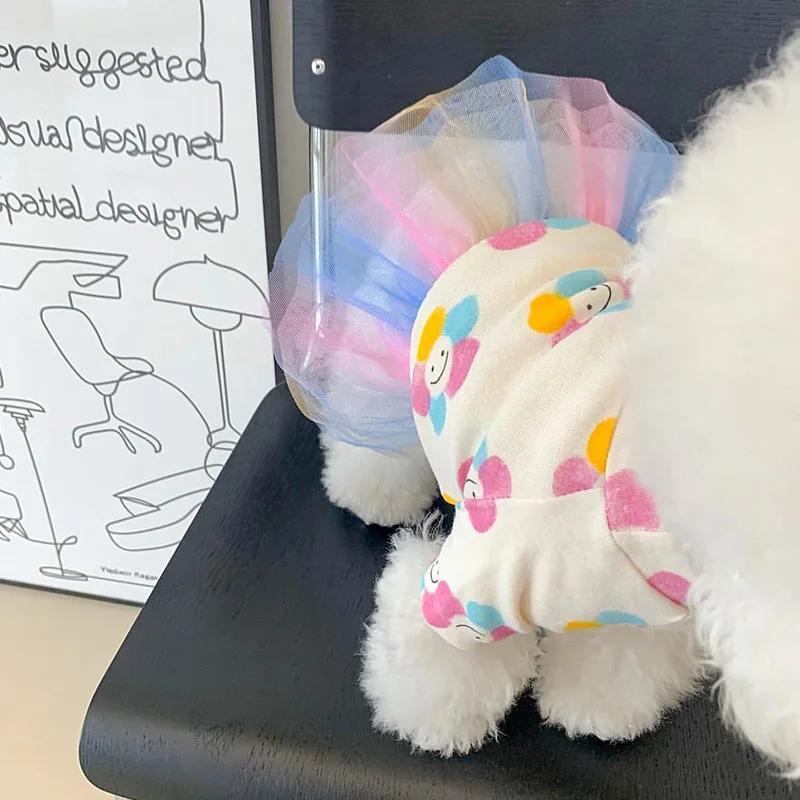 Summer Thin Pet Princess Dress Dog and Cat Rainbow Mesh Patchwork Cute Dress Dog Clothing