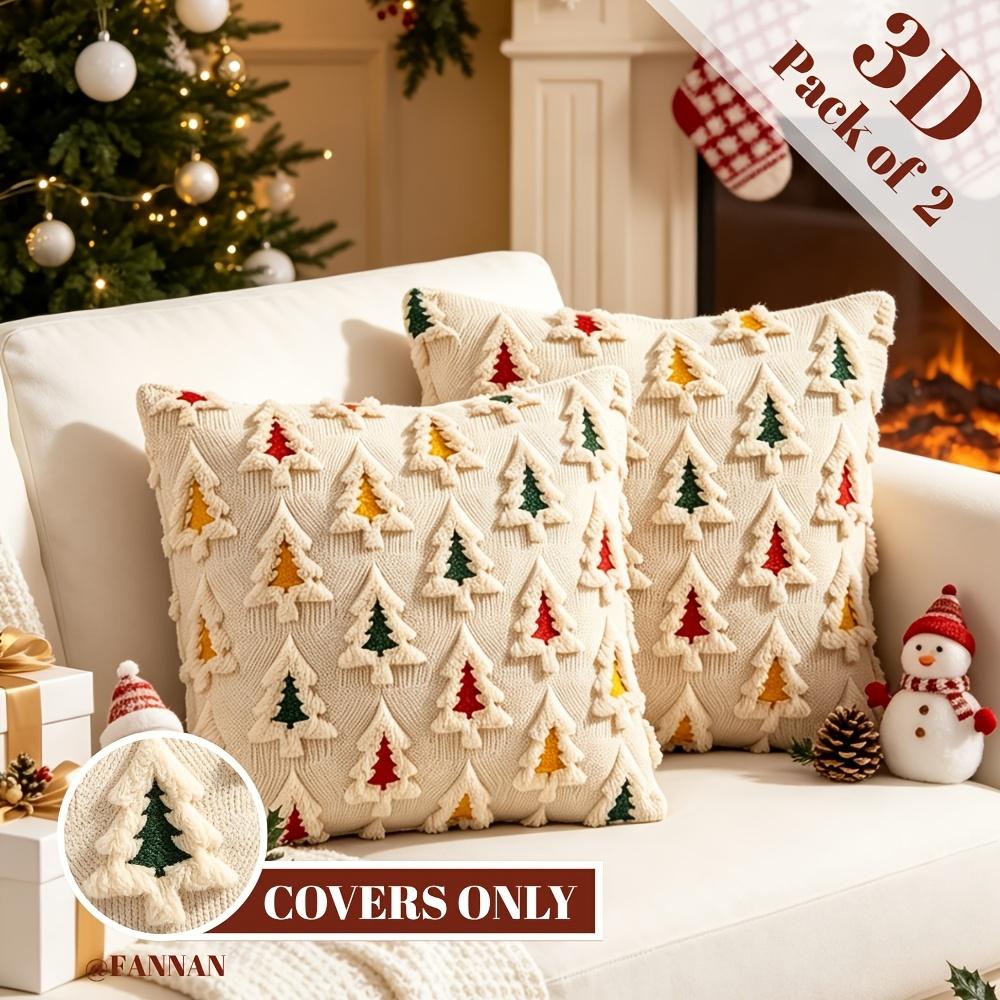 2pcs Christmas Tree Embroidered Plush Throw Pillow Covers Vintage Cute Soft Cozy Cushion Covers for Christmas Bedroom Sofa Decor Without Pillow Core