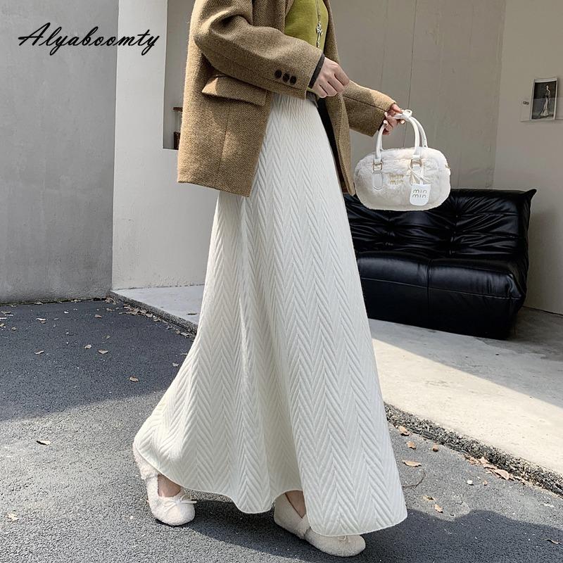 New Arrival Autumn Winter Women Maxi Long Skirt High Waist Beige Black Thicken Warm Knitting Skirt Knitted Elegant Feminine Skirts Womens