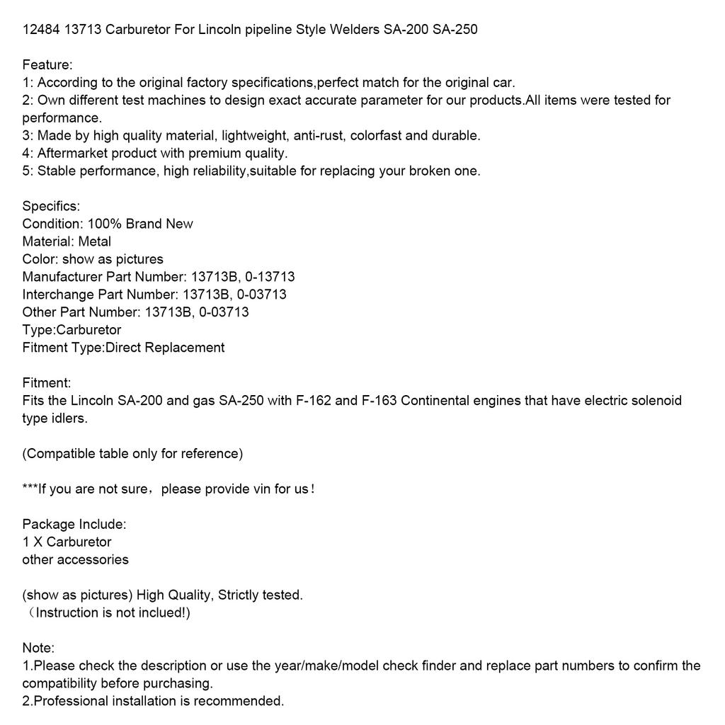 12484 13713 Carburetor For Lincoln Pipeline Style Welders SA-200 SA-250