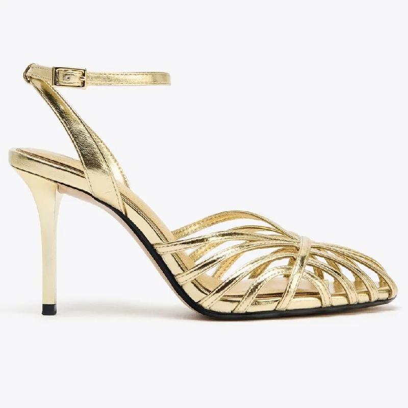 Fashion Elegant Gold Narrow Band Designer Brand Pumps Women Sexy Hollow Ankle Buckle Heel Sandals Fashion Banquet Dress Zapatos De Mujer