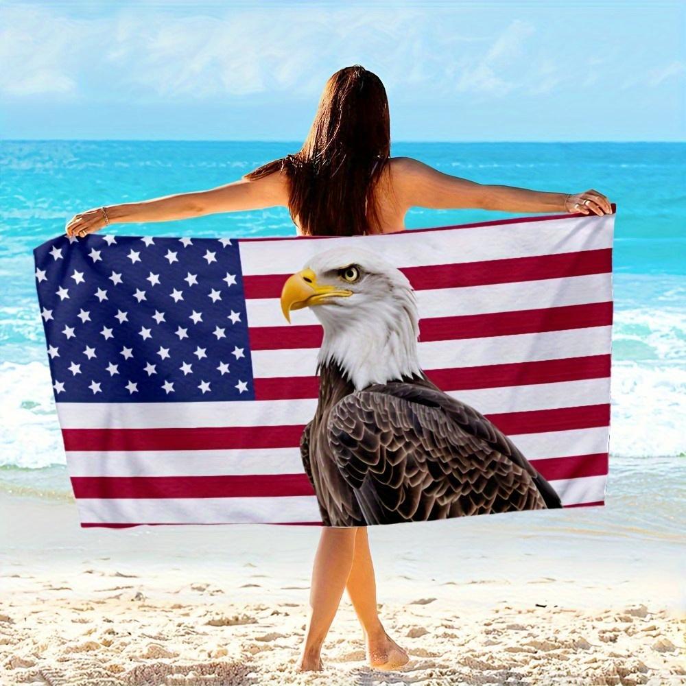 Asciugamano da Spiaggia Bandiera Aquila Americana Stampa Aquila Calva Patriottica Design Stelle Strisce Asciugatura Rapida Morbido Asciugamano da Bagno per Uomo Regalo 4 Luglio