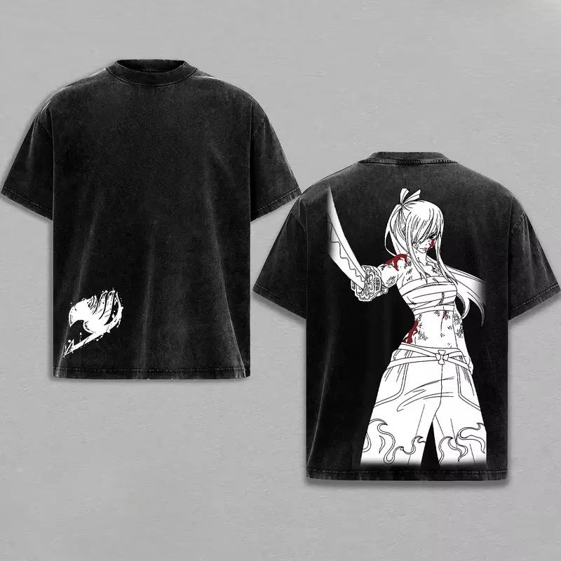 Oversized Washed Casual Unisex Clothing Graphic T-Shirt with Erza Scarlet from Anime Fairy Tail Women And Men T-shirt L