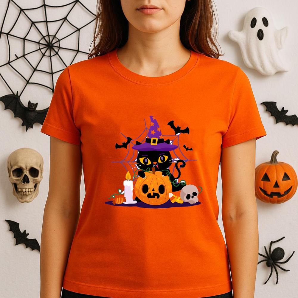 Halloween Cats Graphic Y2k Tops Women T-Shirt Casual Ulzzang Harajuku Streetwear Aesthetic Female Clothing Short Sleeve Tees