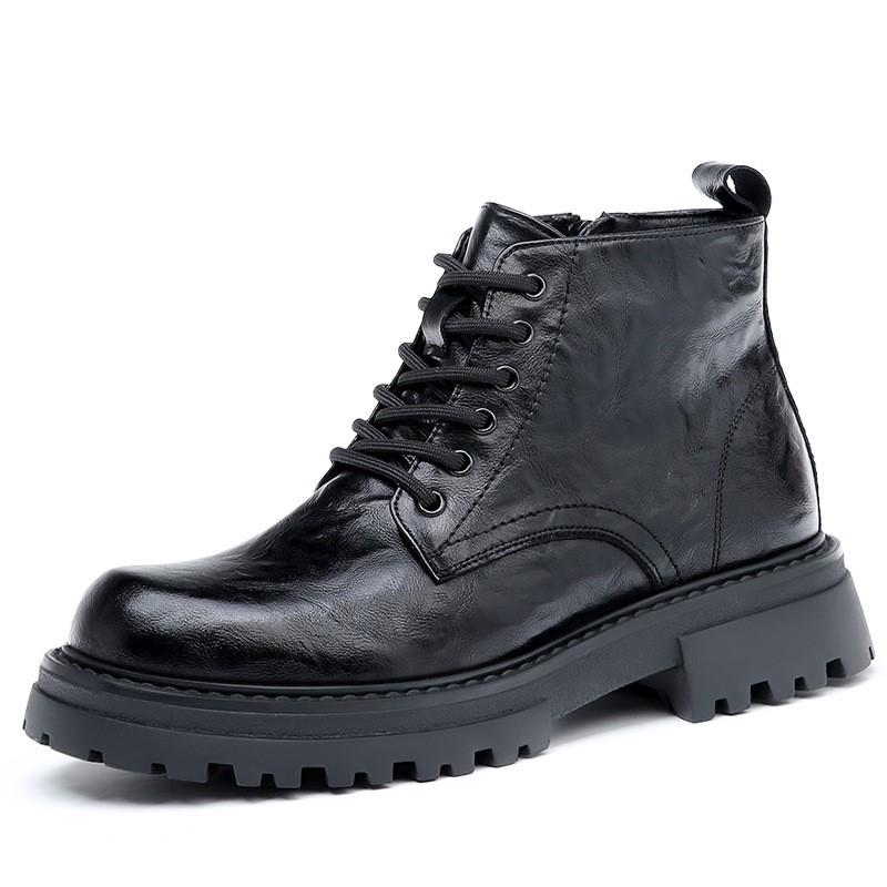 Bottes de moto en cuir et coton pour hommes, nouvelles bottes à la mode, semelle épaisse à l'intérieur, bottes noires pour locomotives D550