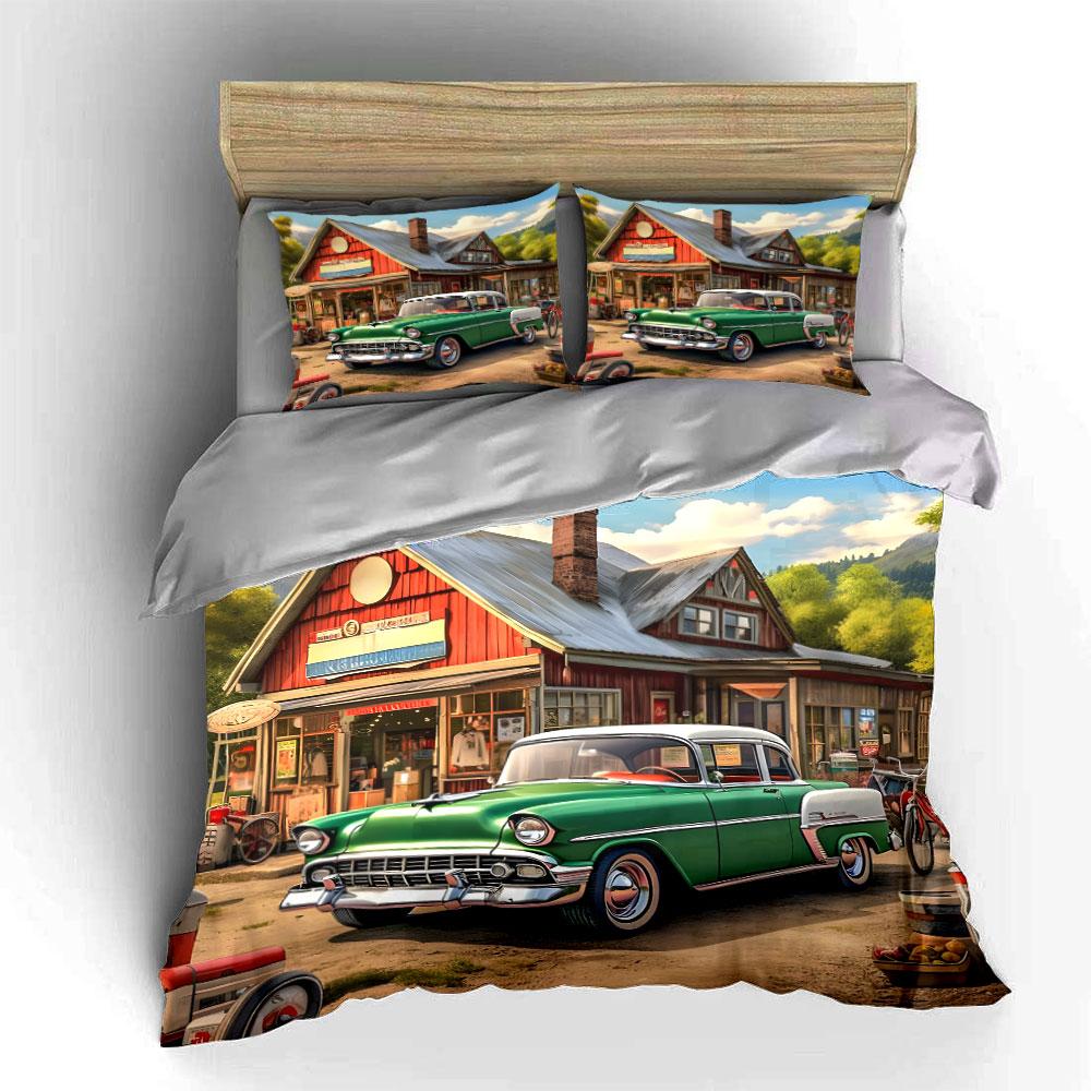 Klassisches Oldtimer-Auto vor Landgeschäft Bettwäsche-Set 1 Bettbezug 2 Kissenbezüge für Erwachsene und Kinder Luxusgeschenk