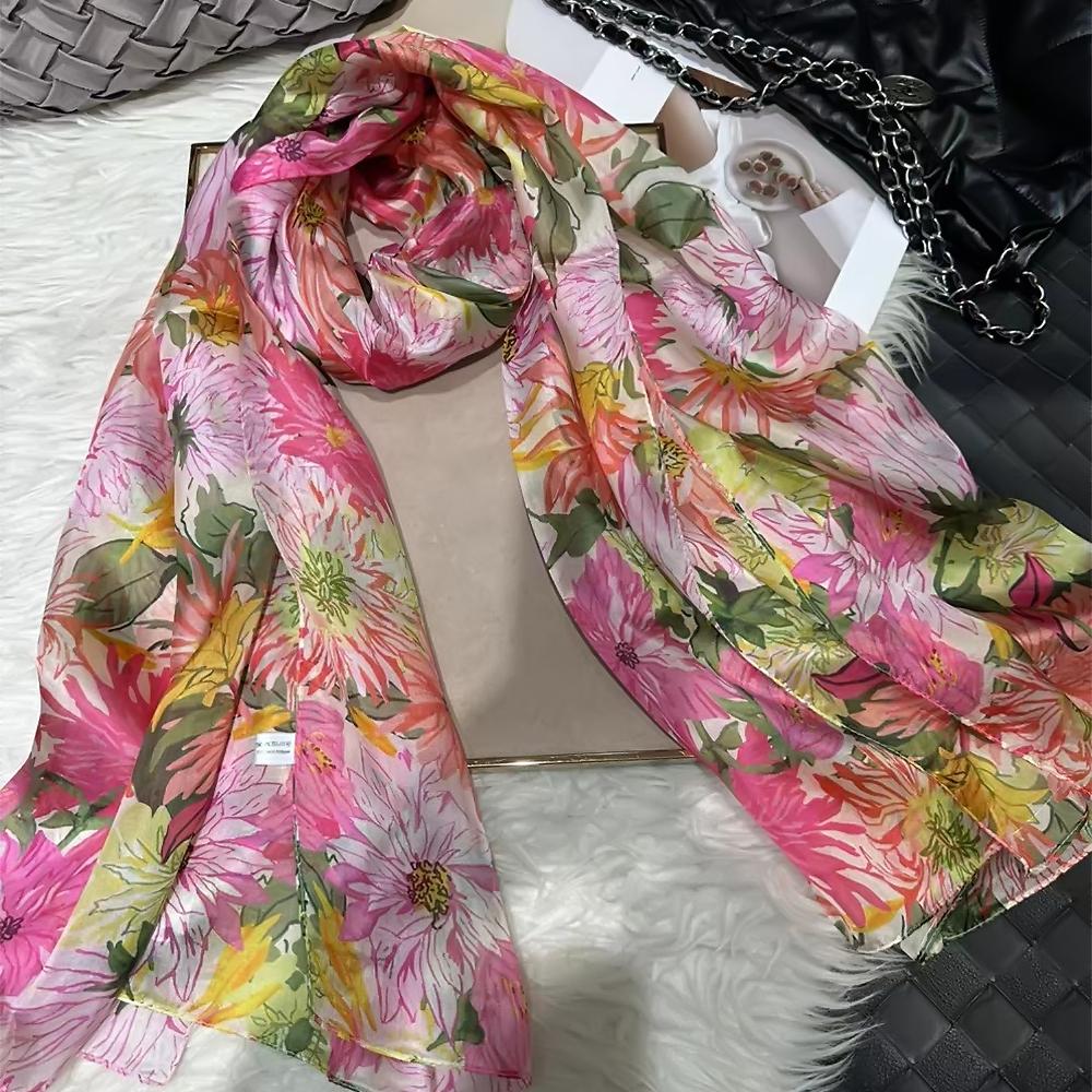White Blue Women 100% Mulberry Silk Scarf Elegant Floral Design Long Silk Scarf Cape Summer Beach Silk Shawl Wrap Hijab Scarf
