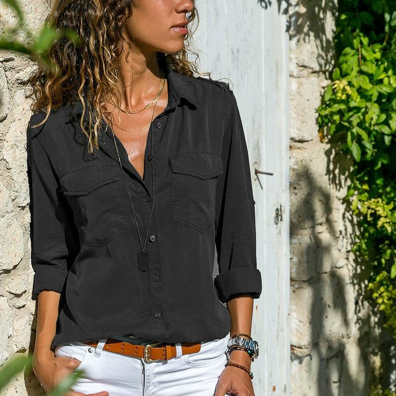 Womens Fashion V Neck Shirts Long Sleeve Tops Pockets Design Blusas Turn Down Collar Shirts Solid Colors Femininas