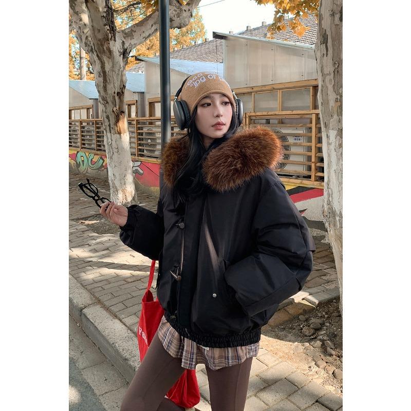 

Хлопковое пальто на пуговицах-рожках, женское короткое зимнее пальто, утолщенное, с большим меховым воротником, пуховое хлопковое пальто, свободное пальто XL