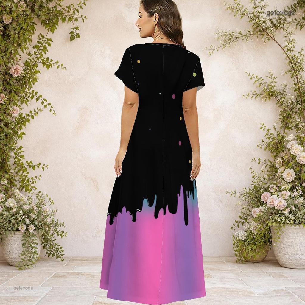 Women Plus Size V Neck Short Sleeve Polka Dot Printed White Black Straight Maxi Dress
