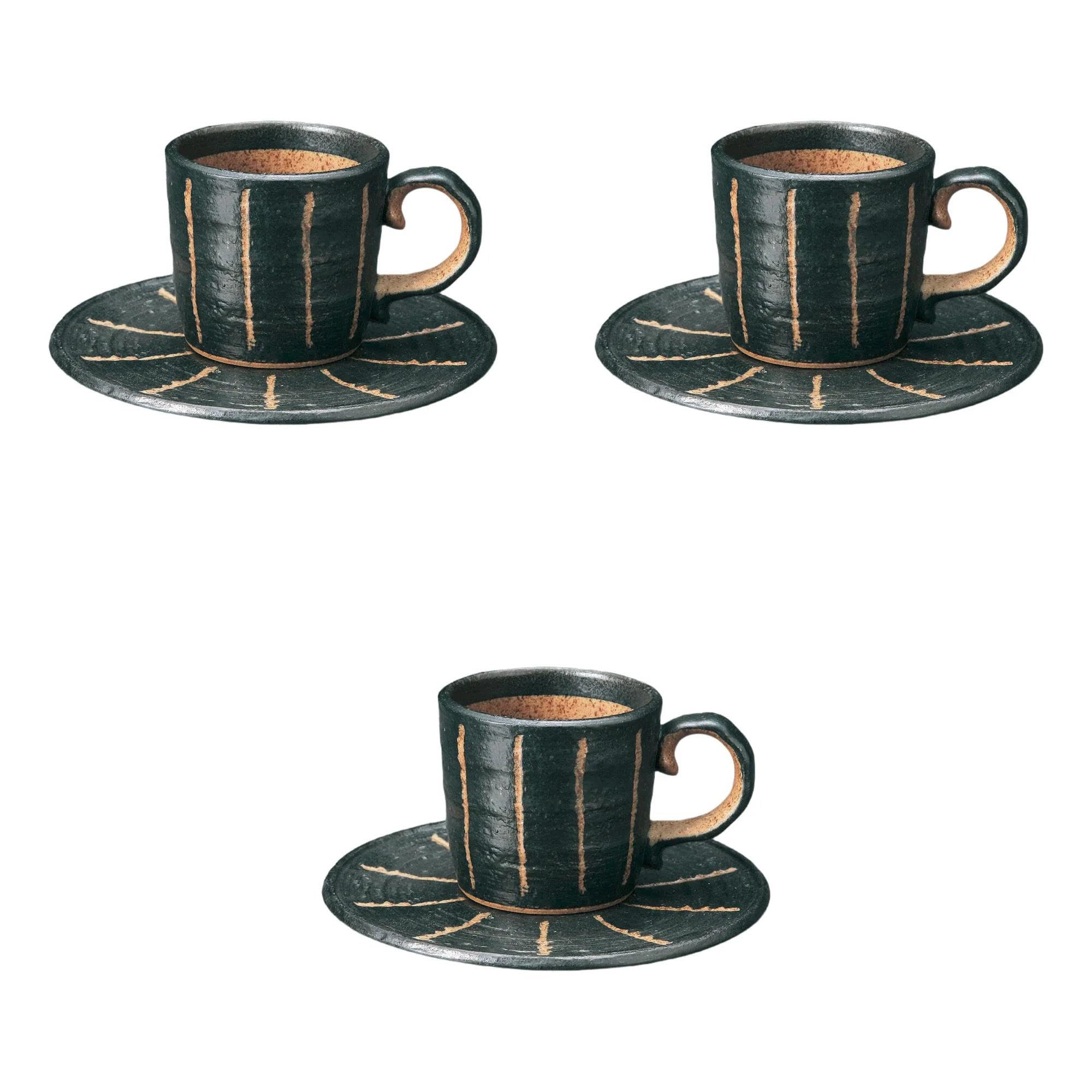 

Набор из 3 резных кофейных чашек и блюдец с хвощом x Керамические чашки и блюдца от Setomonohonpo (черный) [15 1,5 см] чёрный
